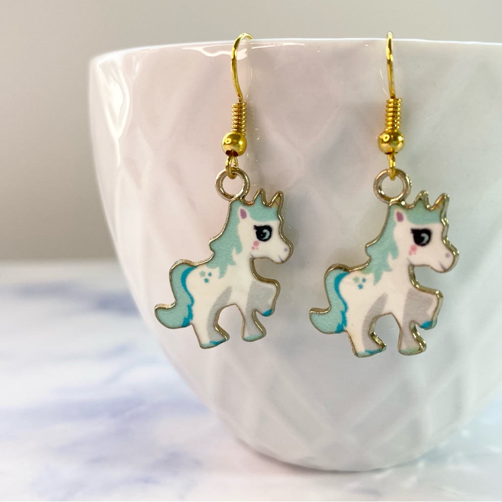 Blue & White Horse Charm Earrings, Nickel Free, 24mm 20mm